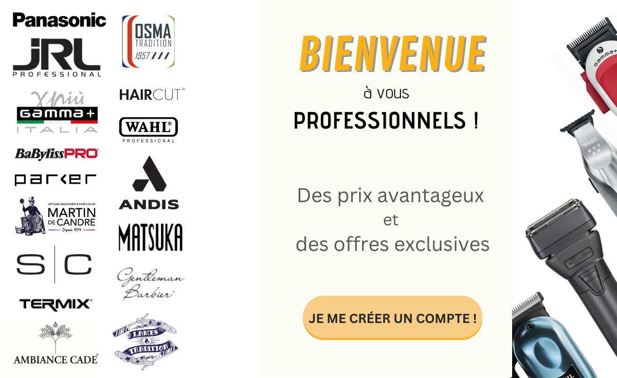 BANNIERE GB PROFESSIONNELS SPECIALISTE COIFFEUR BARBIER - rasoir de securite shavette coupe chou fabrique en france